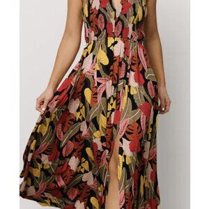 Aakaa Boho Multicolor Leaf Print Maxi Dress with Front Split